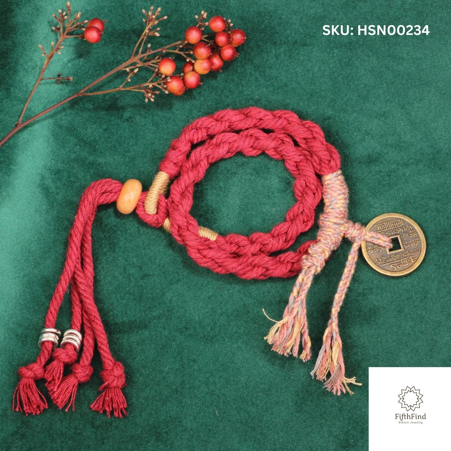 Red Braided Rope Bracelet with Lucky Coin Pendant