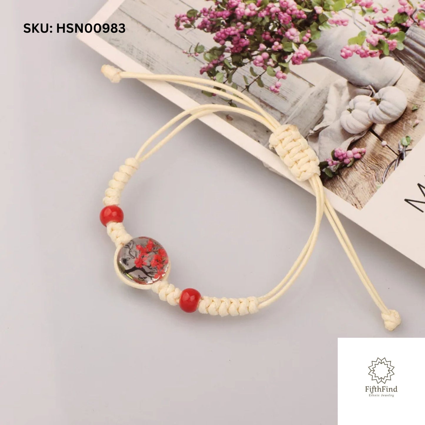 Red Blossom Resin Macrame Bracelet - Boho Nature Charm