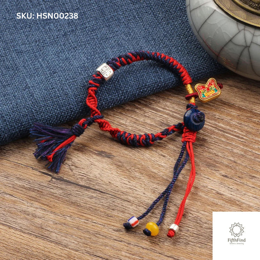 Red and Blue Braided Boho Bracelet with Tassels