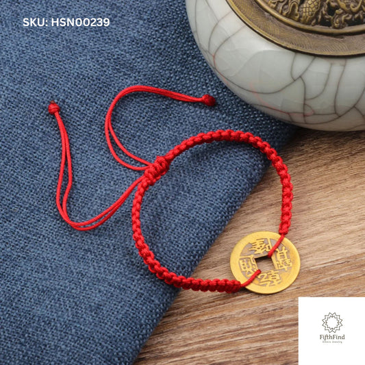 Red Lucky Charm Bracelet with Chinese Coin Pendant