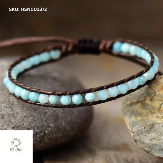 Aqua Gemstone Leather Wrap Bracelet - FifthFind