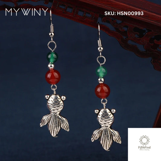 Red and Green Beaded Drop Earrings with Silver Fish Charms