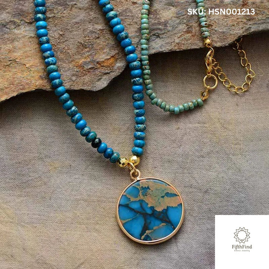 Turquoise Round Pendant Necklace with Beaded Chain