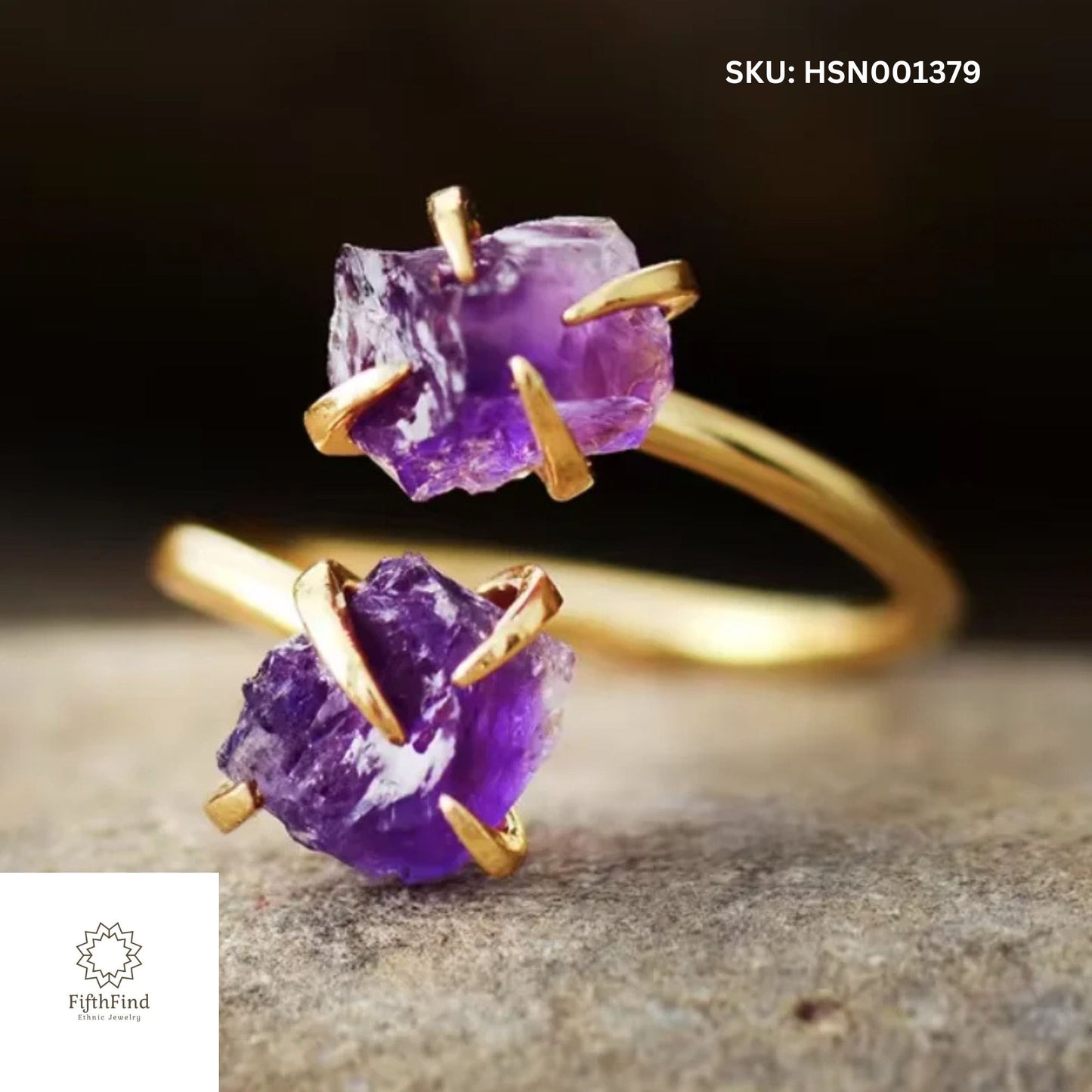 Raw Amethyst Adjustable Gold Ring - Unique Boho Jewelry for Women