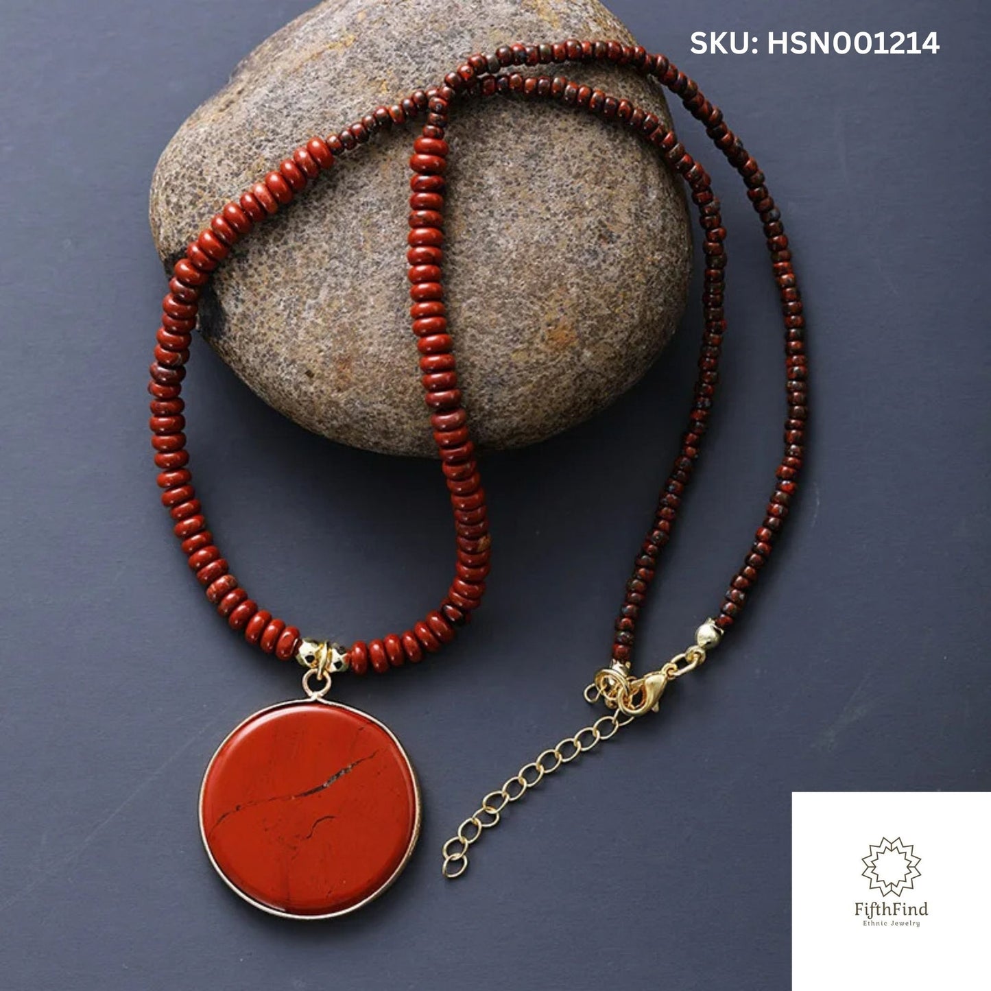 Red Jasper Round Pendant Necklace with Beaded Chain