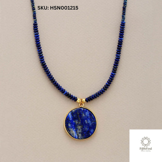 Lapis Lazuli Round Pendant Necklace with Blue Beads