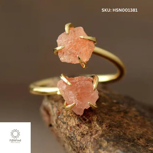 Raw Pink Quartz Adjustable Gold Ring - Boho Statement Jewelry for Women