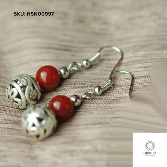 Red Bead Earrings with Intricate Silver Filigree Charms