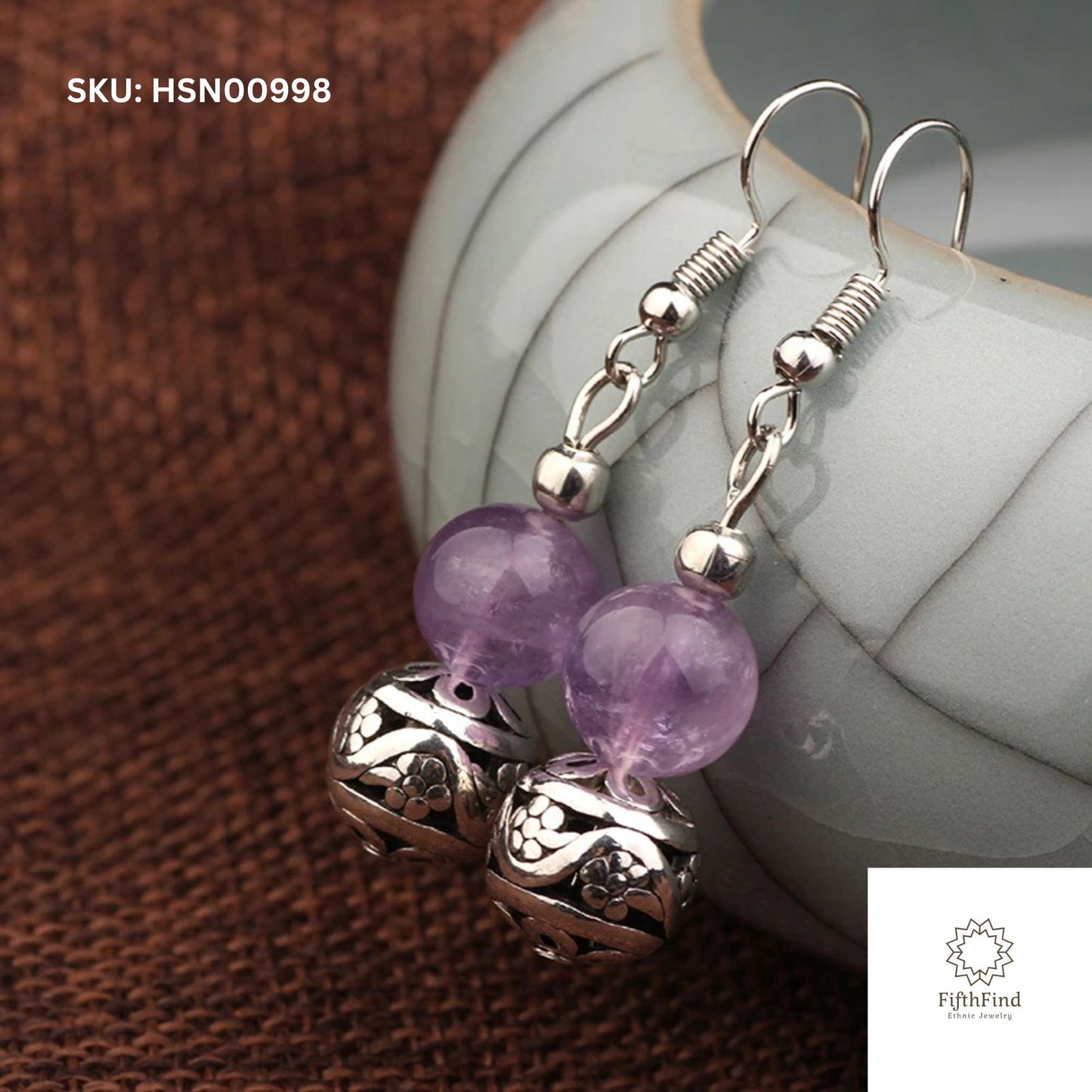 Purple Bead Earrings with Floral Silver Filigree Charms