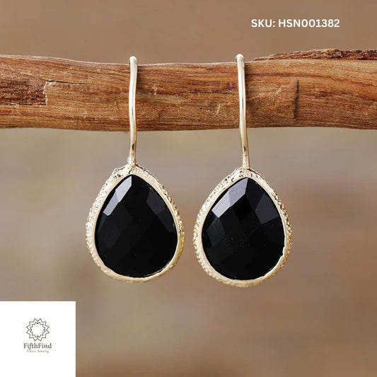 Elegant Black Onyx Teardrop Earrings with Gold Trim - Boho Chic Jewelry