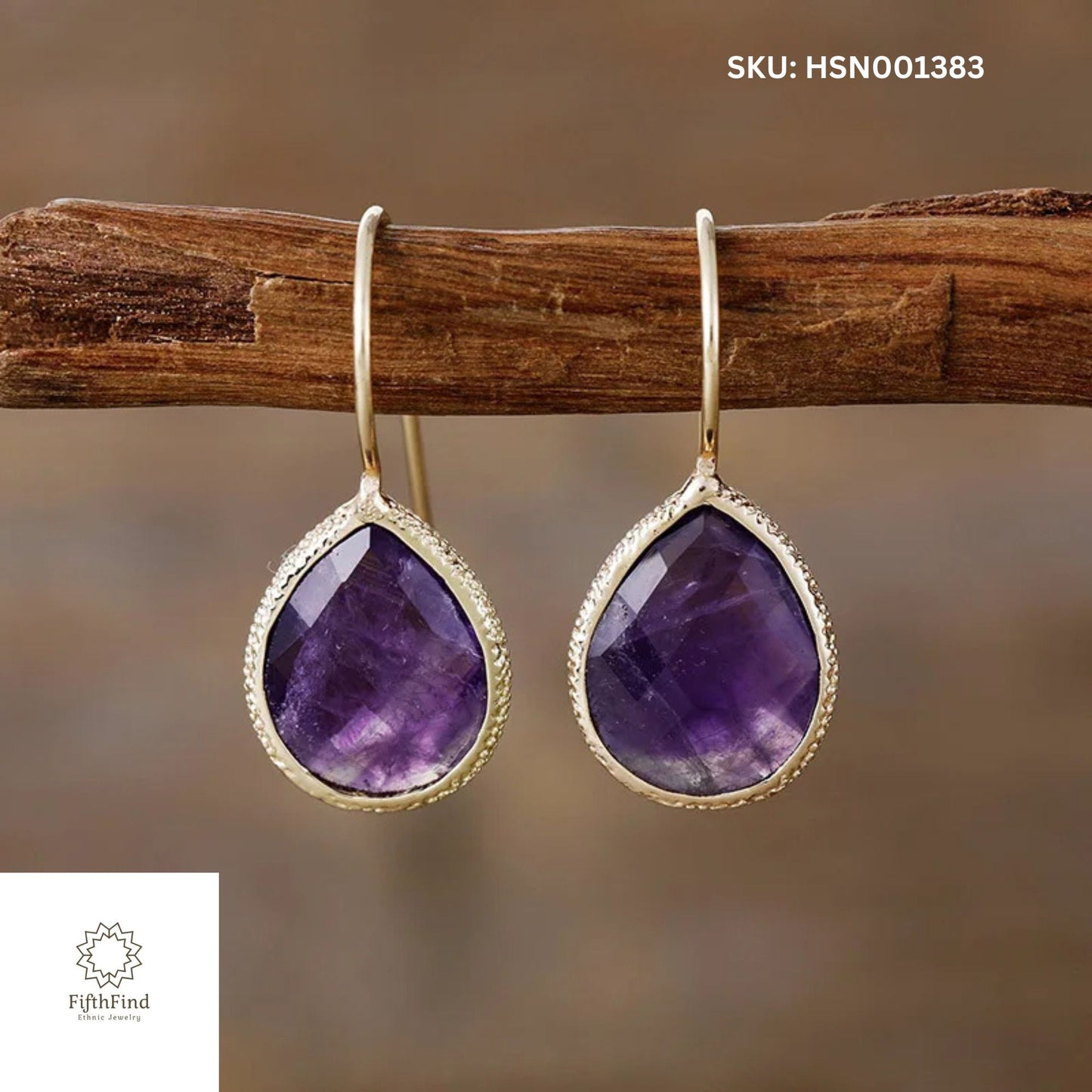 Elegant Amethyst Teardrop Earrings with Gold Trim - Boho Chic Jewelry