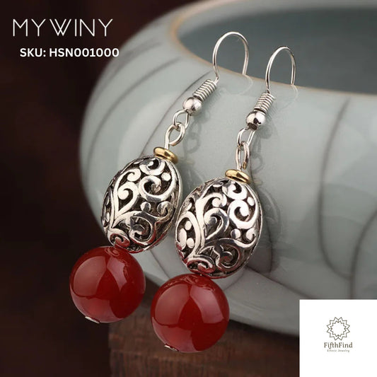 Red Bead and Filigree Silver Drop Earrings