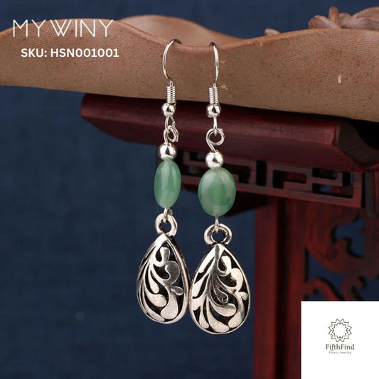 Green Bead and Silver Filigree Teardrop Earrings