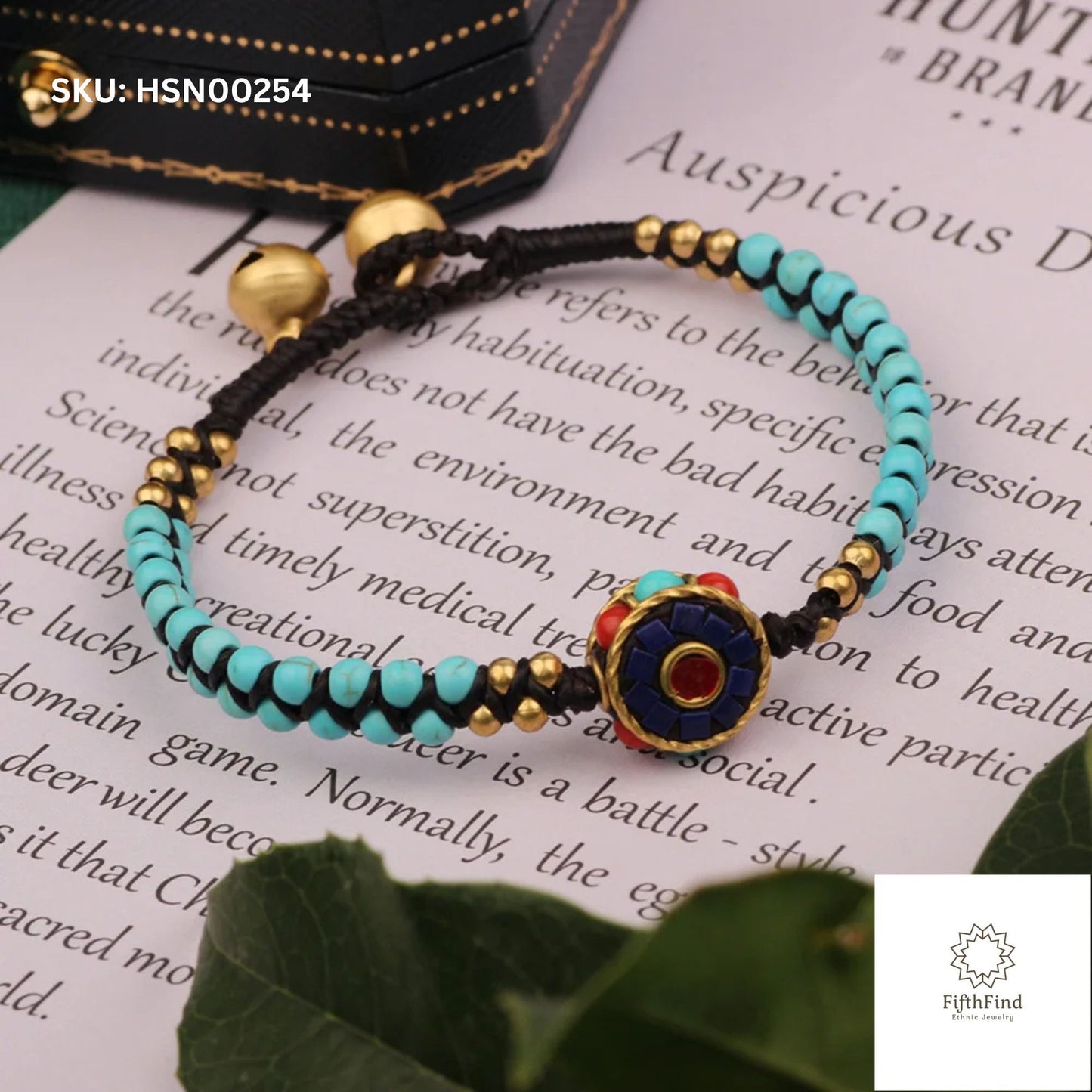 Turquoise Boho Bracelet with Gold and Enamel Charm