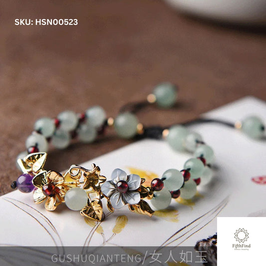 Elegant Green Gemstone Floral Bracelet | FifthFind