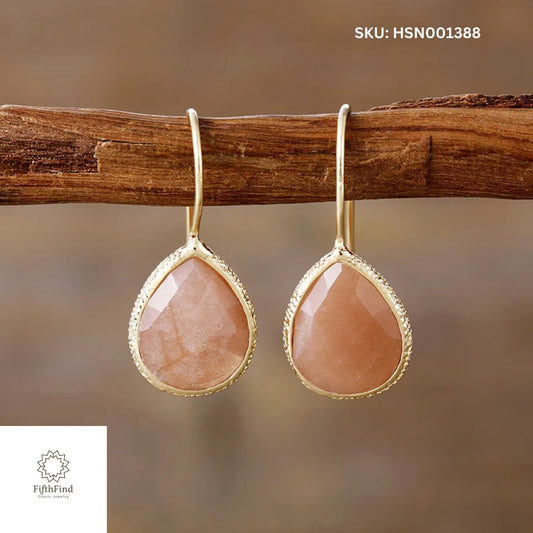 Peach Gemstone Teardrop Earrings with Gold Frame - Elegant Jewelry