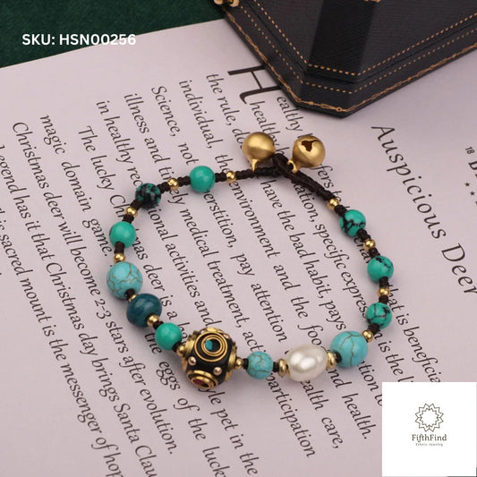 Turquoise and Pearl Beaded Bracelet with Ethnic Charm