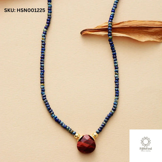 Red Jasper Pendant Necklace with Blue Beaded Chain