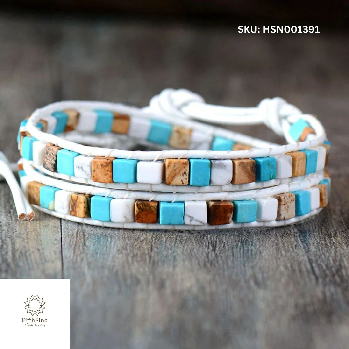 White Leather Wrap Bracelet with Turquoise and Stone Accents