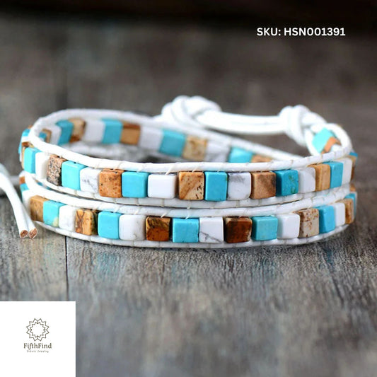 White Leather Wrap Bracelet with Turquoise and Stone Accents