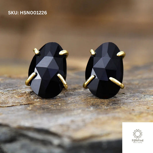 Black Onyx Stud Earrings with Gold Prong Setting