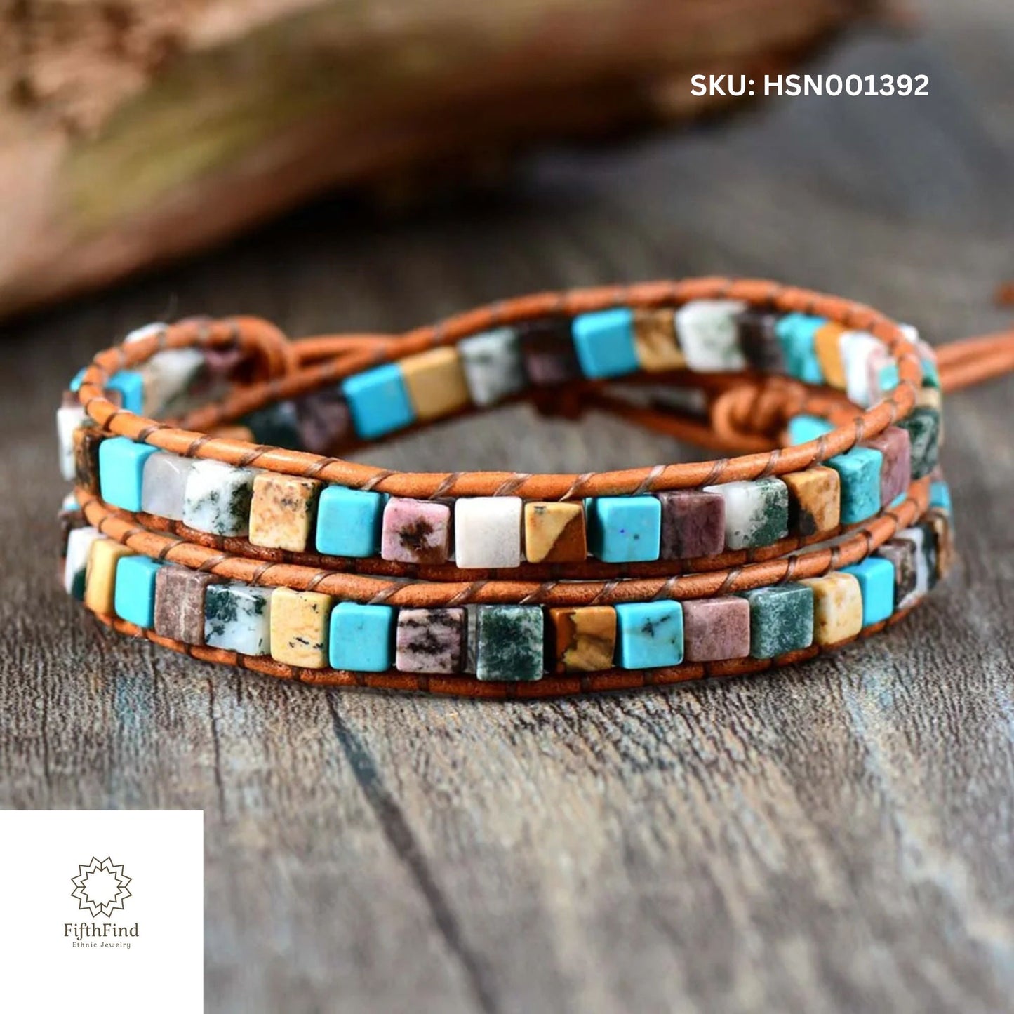 Boho Leather Wrap Bracelet with Multi-Stone Tile Design