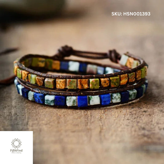 Boho Leather Wrap Bracelet with Blue and Green Stone Tiles