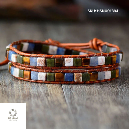 Bohemian Leather Wrap Bracelet with Colorful Stone Tiles