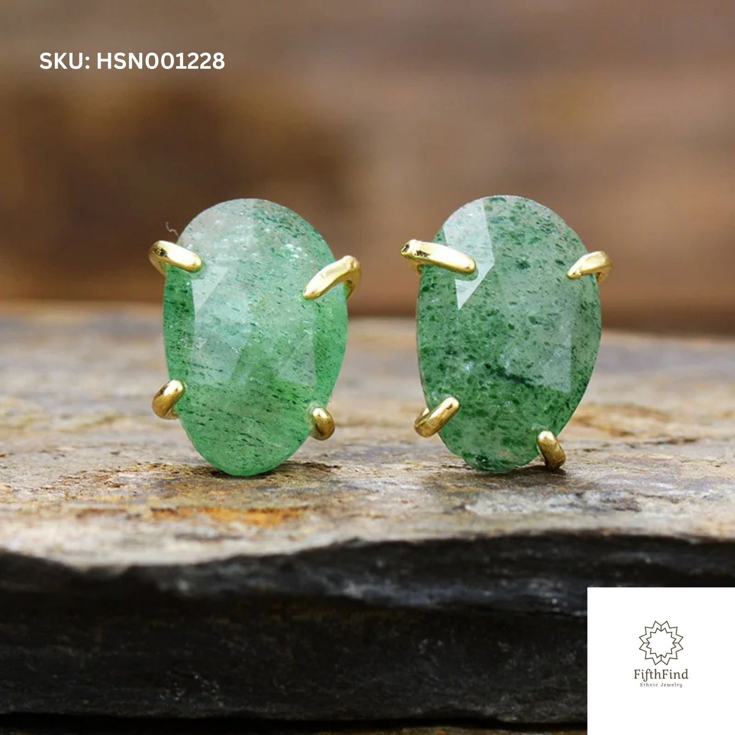 Green Aventurine Stud Earrings with Gold Prong Setting