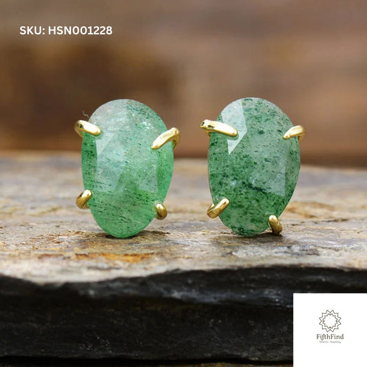 Green Aventurine Stud Earrings with Gold Prong Setting