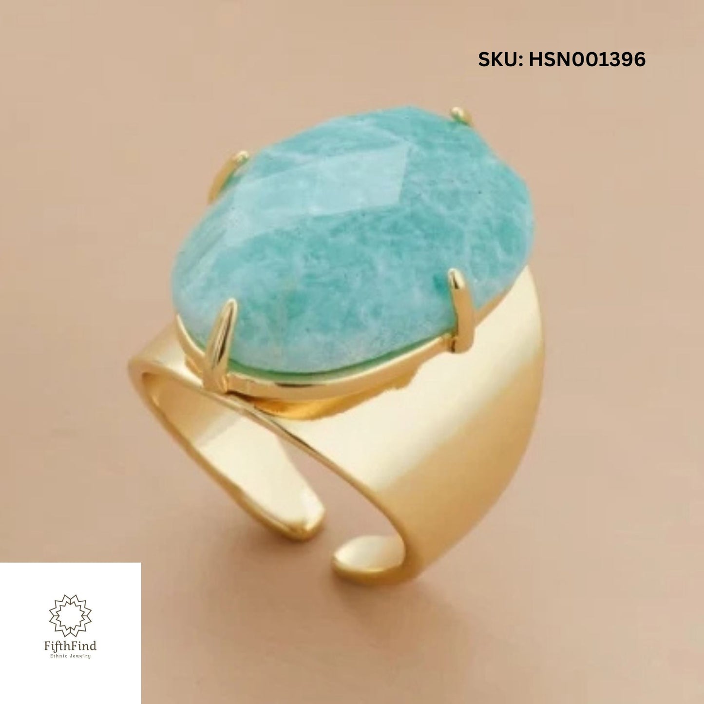 Adjustable Amazonite Gold Ring with Aqua Gemstone