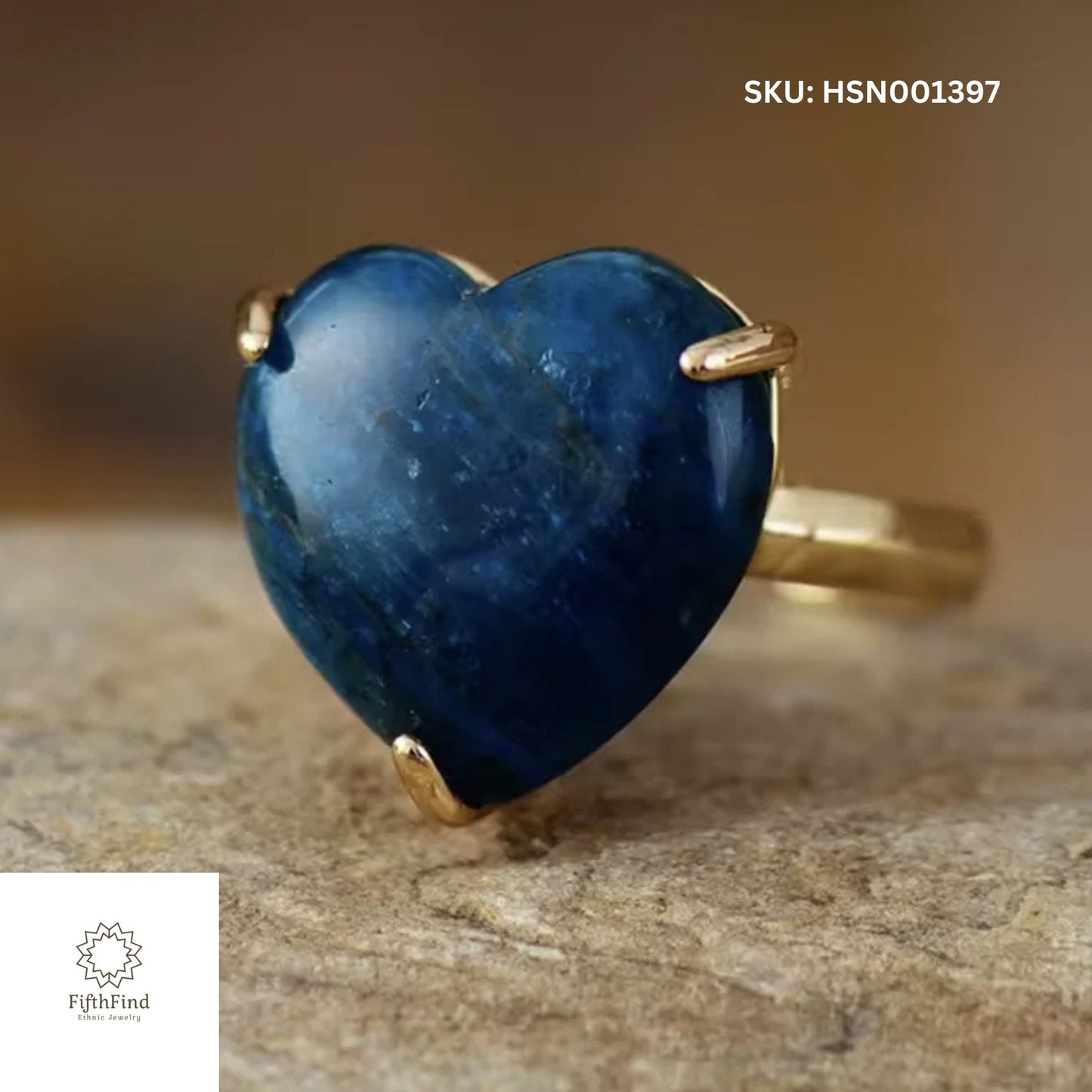 Heart-Shaped Blue Kyanite Ring in Gold - Adjustable Boho Jewelry