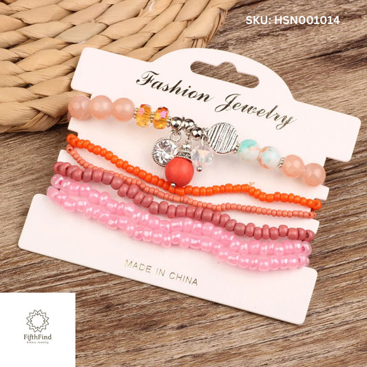 Pink and Orange Beaded Bracelet Set - FifthFind Jewelry