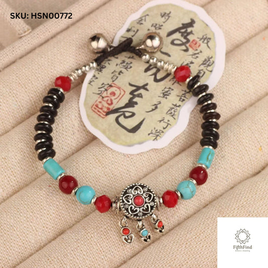 Silver Charm Bracelet with Turquoise and Red Beads