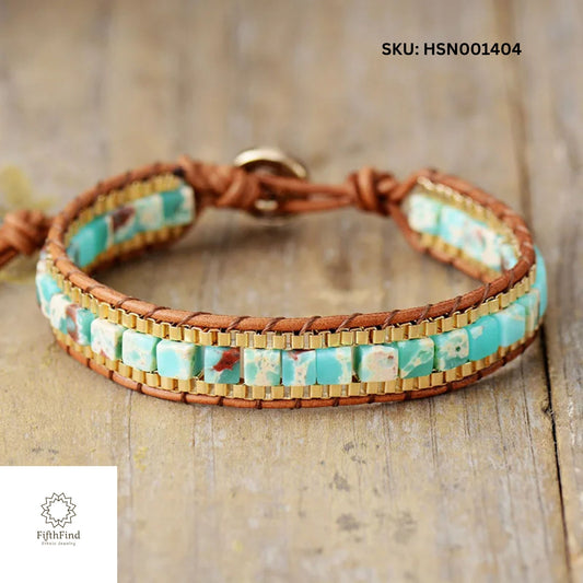 Turquoise Jasper Leather Wrap Bracelet with Gold Beads - Boho Style