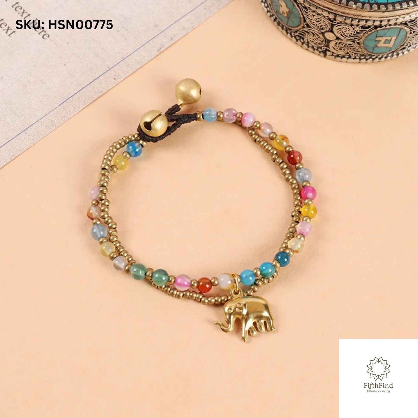 Colorful Beaded Bracelet with Gold Elephant Charm