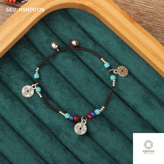 Turquoise and Red Beaded Bracelet with Silver Coin Charms