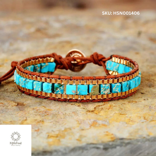 Turquoise Beaded Leather Wrap Bracelet with Gold Accents - Boho Chic