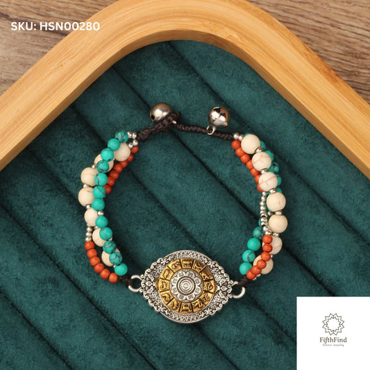 Mandala Charm Boho Bracelet with Turquoise & Coral Beads