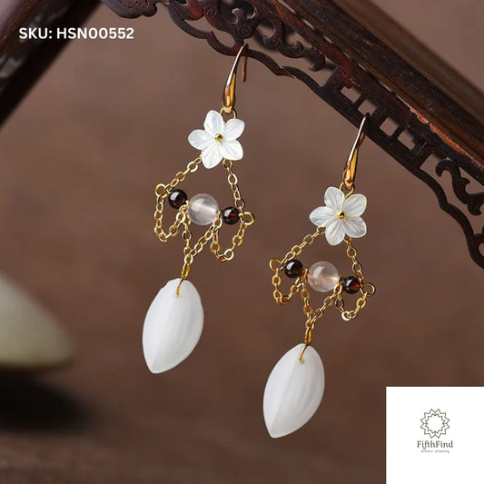 Elegant White Floral Drop Earrings with Gold Chains