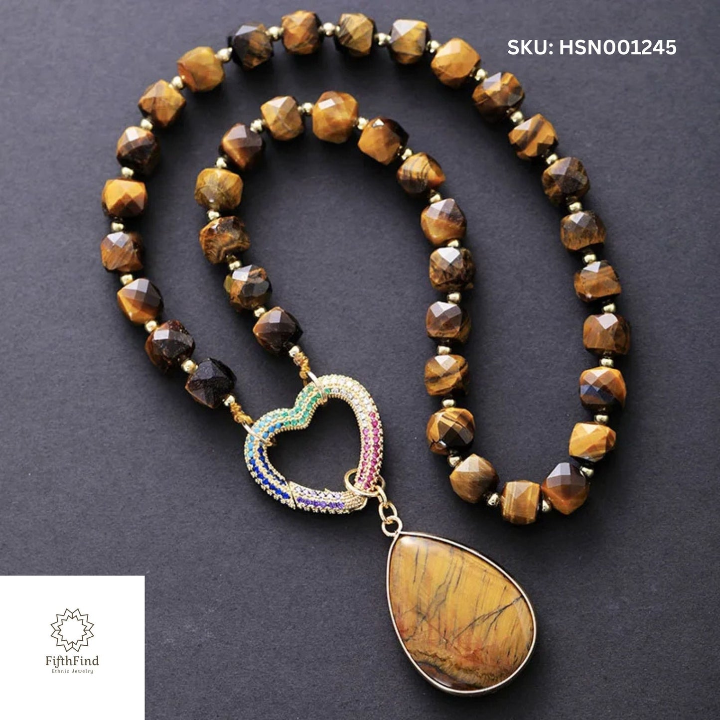 Tiger's Eye Necklace with Rainbow Heart Pendant