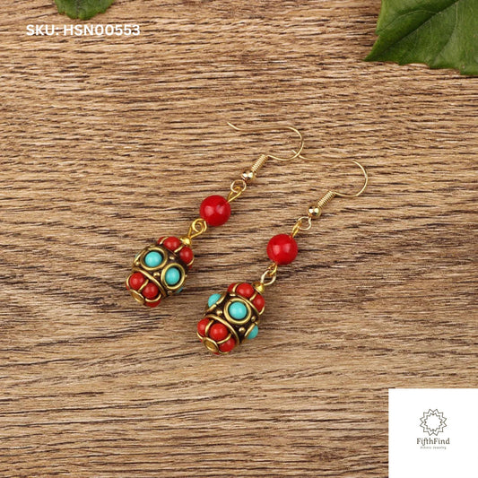 Bohemian Red and Turquoise Beaded Dangle Earrings