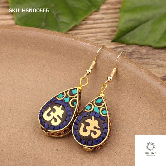 Gold Om Teardrop Earrings with Mosaic Inlay Design