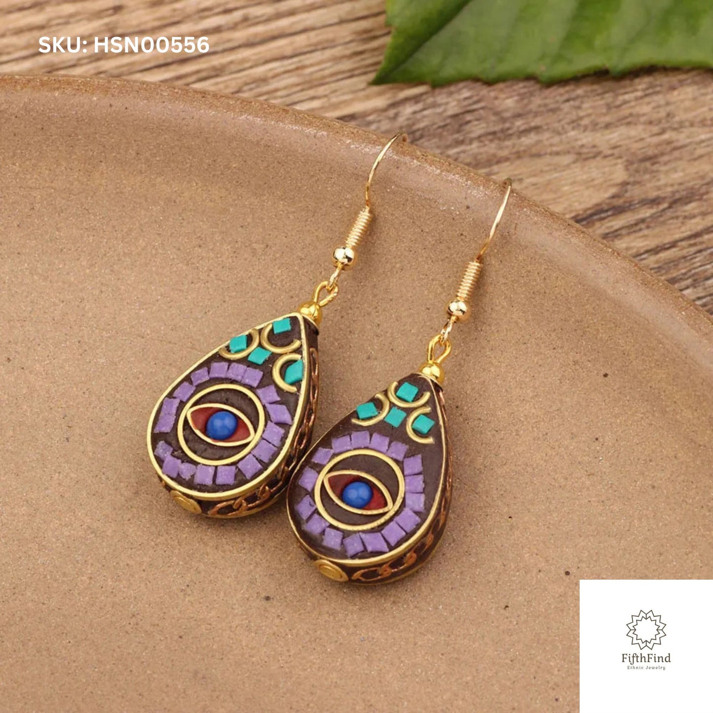 Gold Teardrop Mosaic Earrings with Vibrant Purple Inlay