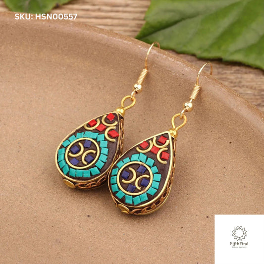 Boho Mosaic Teardrop Earrings with Om Design