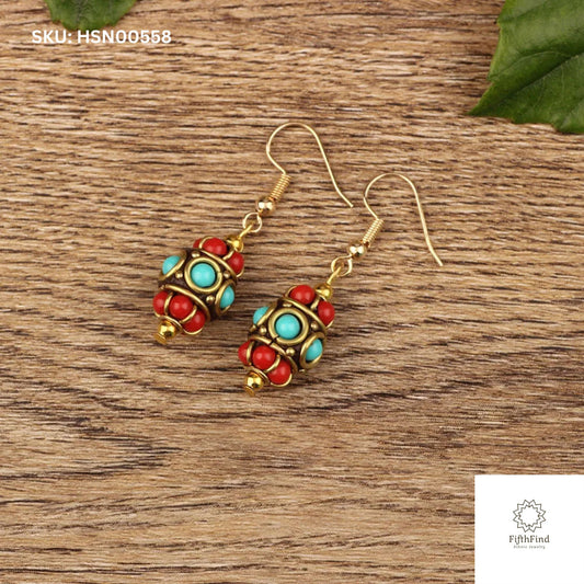 Boho Red and Turquoise Beaded Drop Earrings