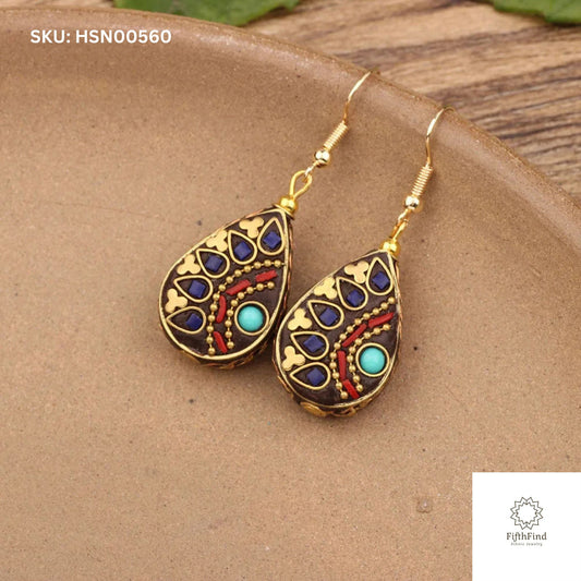 Boho Chic Teardrop Earrings with Mosaic Design and Turquoise