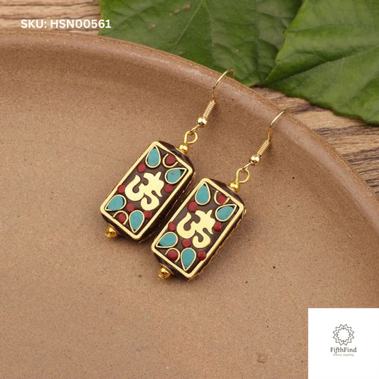 Ethnic OM Mosaic Earrings with Turquoise and Red Accents