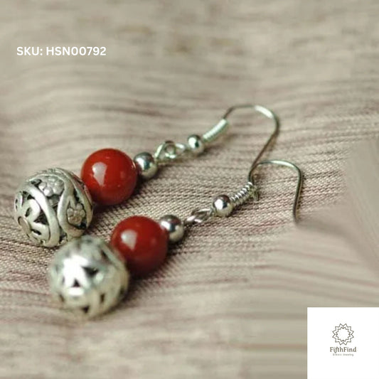 Red Gemstone Drop Earrings with Silver Filigree Charm