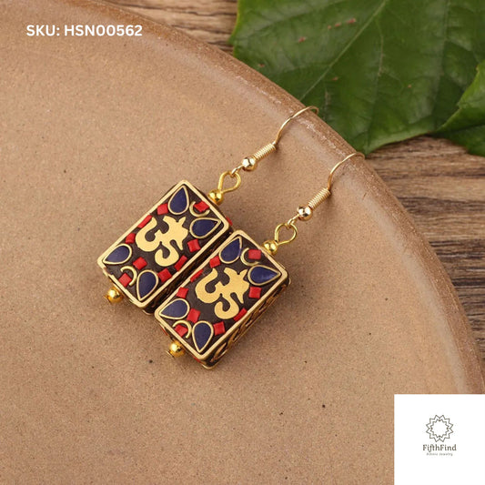 Colorful OM Mosaic Earrings with Gold and Red Accents